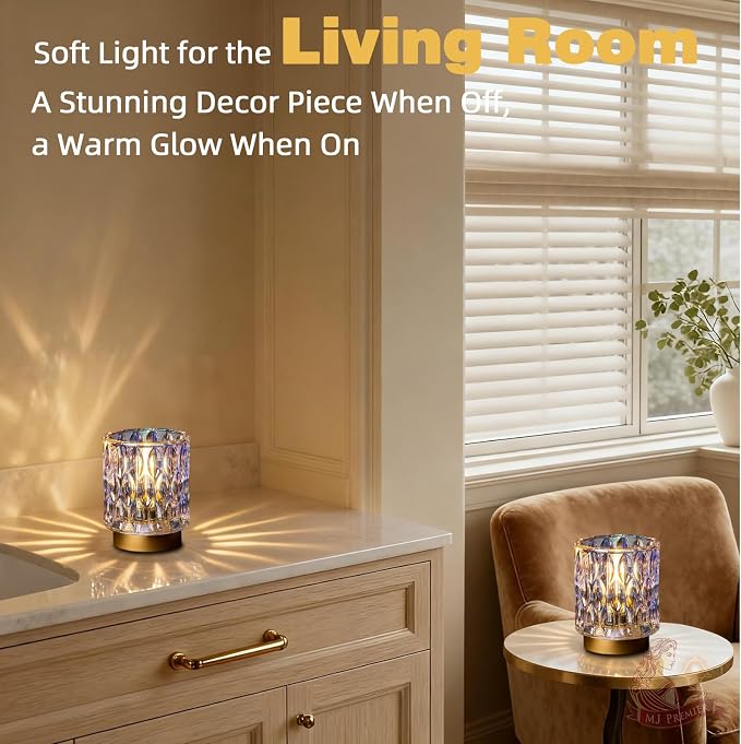 Battery Operated Table Lamp Timer, Small Cordless Lamps Decorative, 2 Pearl | Mini Crystal Lamp for Area No Plug, LED Battery Powered Lamps Wireless, Glass Accent Light for Bathroom Fireplace Shelf Decor
