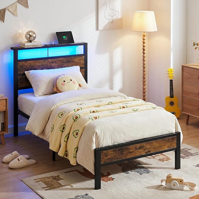Twin Bed Frame with LED Lights & USB Charging Station | Metal Platform Bed with Storage Headboard, Under Bed Space, Noise Free, No Box Spring Needed, Easy Assembly, Brown