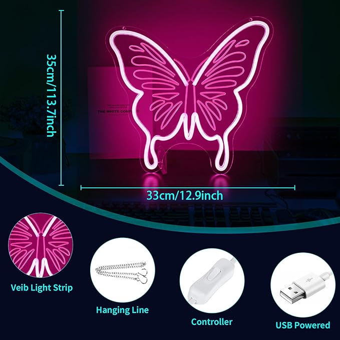 Butterfly Neon Sign - HSJNJKFU LED Neon Signs for Wall Decor Pink Light Sign with Engraved Design, LED Signs for Bedroom, Classroom, School Room Decor, USB Powered