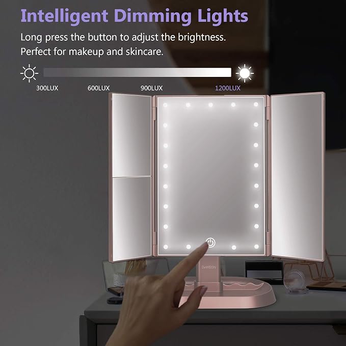 Trifold Lighted Vanity Makeup Mirror with 21 LED Lights,1x/2x/3x Magnification and Touch Screen Dimming,Two Power Supplies Makeup Mirror, Gift for Women