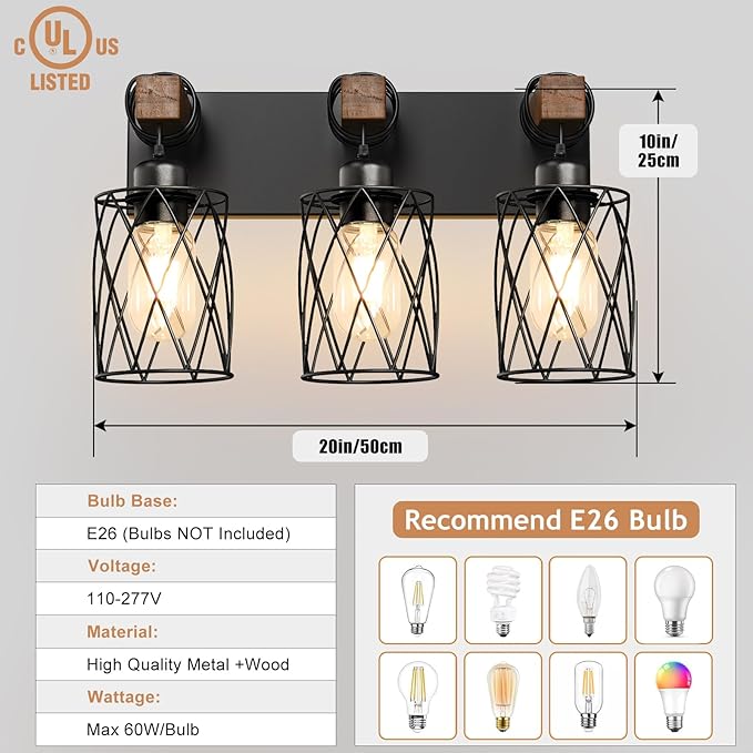 IZORRO Farmhouse Bathroom Vanity Light, 3-Light Wood Bathroom Light Fixtures Over Mirror, Black Industrial Vanity Lights with Metal Shade, Rustic Restroom Lighting Fixtures