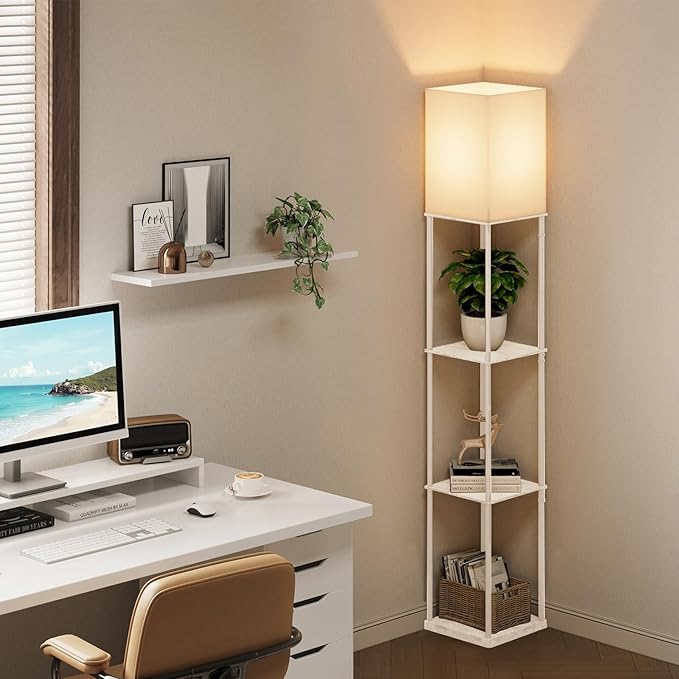 Floor Lamp with Shelves, Modern Square Standing Lamp with 3 Color Temperature Bulb, Corner Display Bookshelf Lamp for Living Room, Bedroom and Office（White）