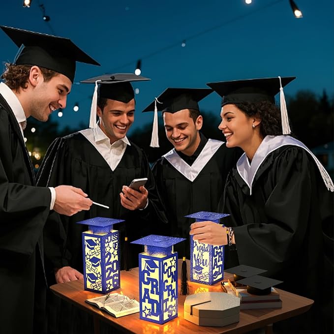 6 Pcs Graduation Table Centerpieces Boxes Class of 2026, Blue Graduation Paper Lanterns Boxes with String Lights Hollow Out for Congrats Grad School College Table Decorations Grad Party Photo Props