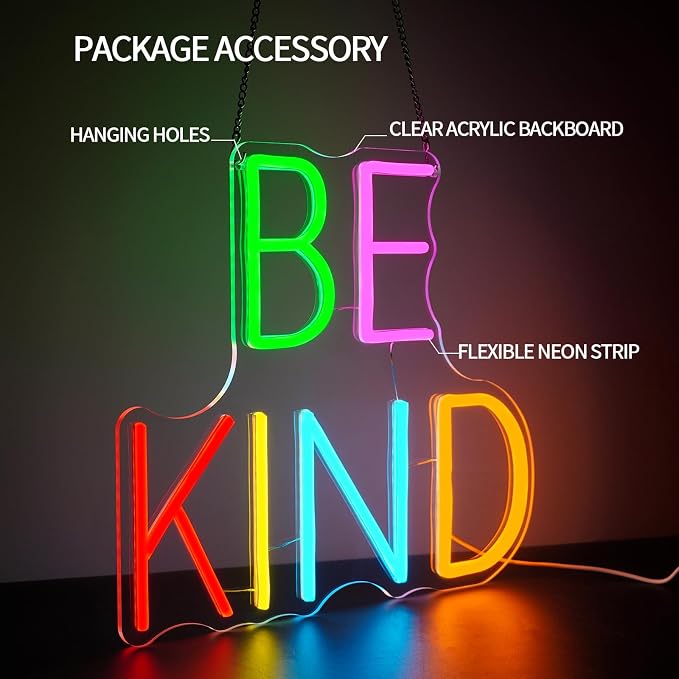 Be Kind Neon Sign Dimmable Kindness Neon Light Sign for Wall Decor Inspirational Letters Led Signs for Bedroom Kids Room Reading Corner Library Classroom Club Decor Gifts 12.6" x 13.7"