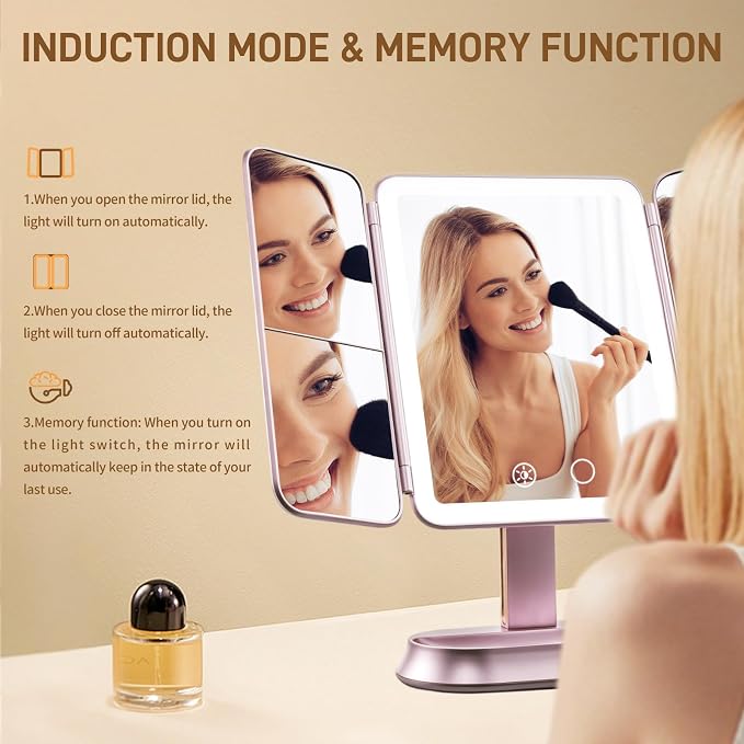 FRANO Lighted Makeup Mirror with 1X/3X/5X Magnification, Rechargeable Trifold Mirror, Smart Sensor & 3 Light Colors, Portable Cosmetic Vanity Mirror for Women - Metallic Purple