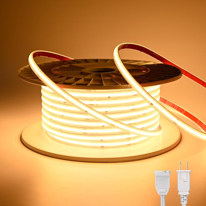 ETL COB LED Rope Light IP65 AC 120V 16.4FT 1200lm Ultra Bright 3000K White | Waterproof Cold-Resistant ETL Light Strip No Driver Tape Lighting for Home Commercial LED Strip Light 3000K Warm White