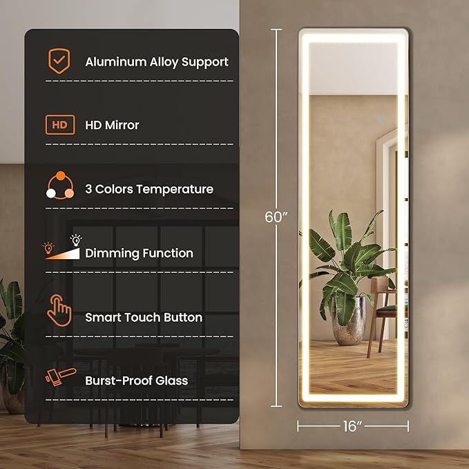 Sweetcrispy LED Full Length Floor Mirror, 60"x16" Lighted Full Body Mirror | Standing Mirror with Dimming & 3 Color Lighting, Shatterproof Tempered Glass, Wall Hanging or Leaning for Home Decor, White