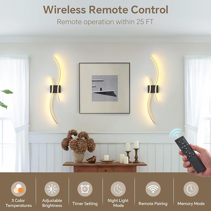 Battery Operated Wall Sconce Set of 2, Dimmable Modern LED Rechargeable Wall Light with Remote Control, Wall Decor for Living Room, Hallway, Quick Install, No Electrician Required