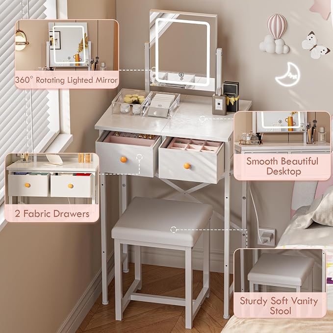 19.7"W Small White Makeup Vanity Desk with Mirror and Light, Chair | Mini Vanity Set Table with Stool, Smart Adjustable Lighted Mirror for Kids, Girls, Bedroom, Corner, Small Space