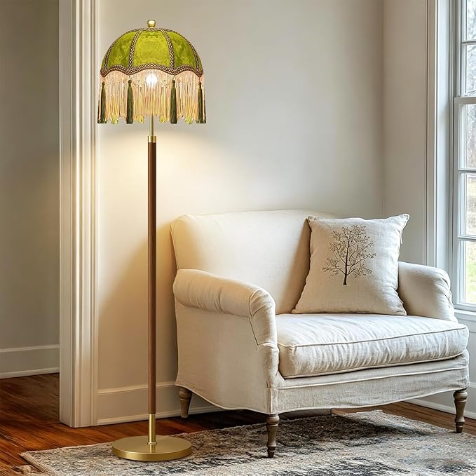 QIYIZM Vintage Floor Lamp for Living Room,Bedroom,Dimmable Standing Lamp with Remote,Green Mid Century Gold Tall Lamp Boho Retro Floor Light Fringe Tassel Flower Unique Wood Tiffany Victorian Decor
