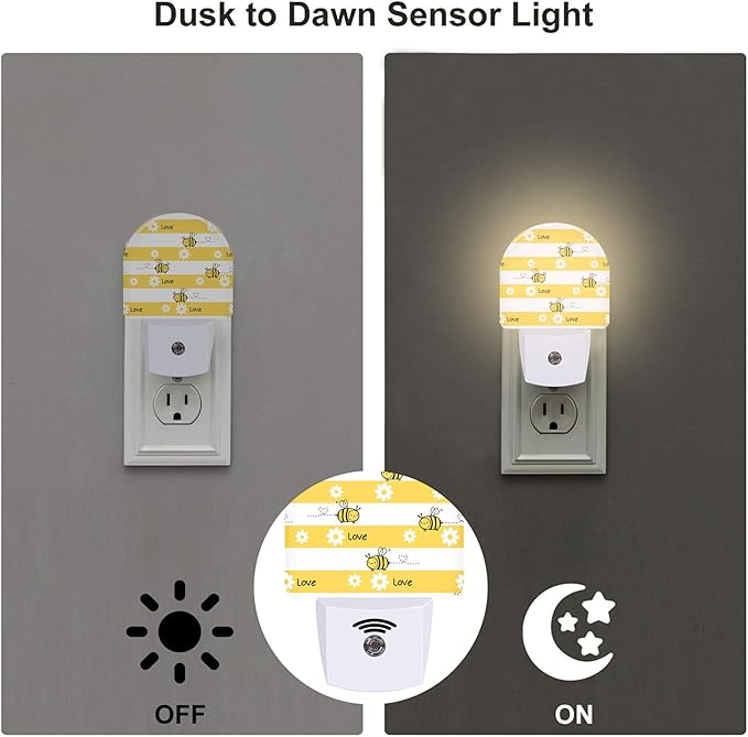 Cartoon Bees with Daisy Flowers Night Light Plug into Wall, Yellow Floral Bee Love Dusk to Dawn Night Light,0.5w Energy Saving Sleep Friendly Nightlights for Kids Boys Girls Home Decor