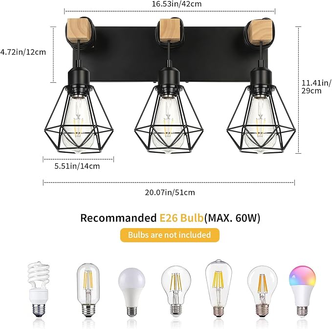 foucasal 3-Light Farmhouse Vanity Lights, Rustic Wood Bathroom Light | Black Metal Cage & Wood Vanity Light Fixtures Over Mirror, Wall Sconce Lighting for Bathroom Bedroom Hallway Living Room