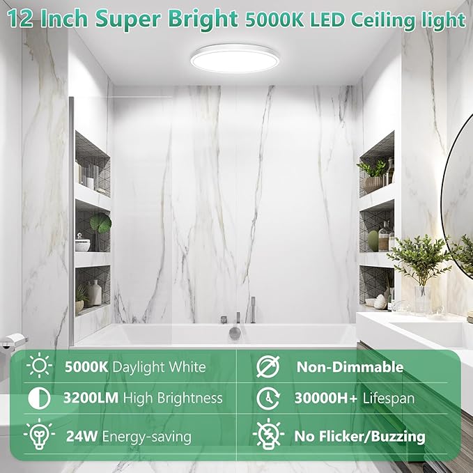 Brightever 12 Inch 4 Pack LED Flush Mount Ceiling Light Fixture, 5000K Daylight White 3200LM Round LED Ceiling Lights, 240W Equivalent, 0.67 Inch Thickness Ceiling Lamp for Bedroom, Non-Dimmable