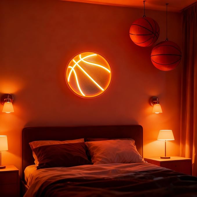 UV Printed Basketball Neon Sign Light Up Basketball Sports Neon Light Dimmable Led Basketball Gifts for Boys Fans Bedroom Man Cave Game Room for Wall Decor Aesthetic