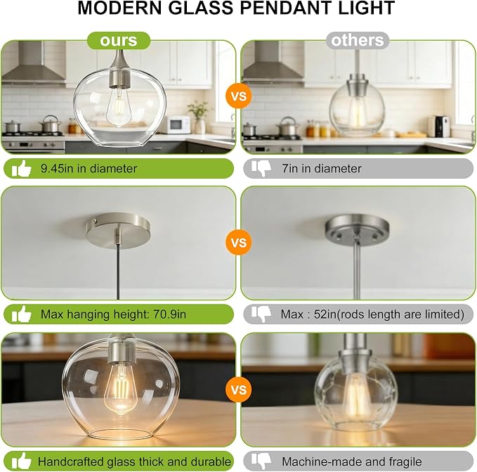 9.45in Nickel Pendant Lights Kitchen Island with Clear Glass Shade 1Pack | Handcrafted Glass Pendant Light Fixtures, UL Certified, E26 Base 100W Max, Height-Adjustable, Dimmable Hanging Pendant Light