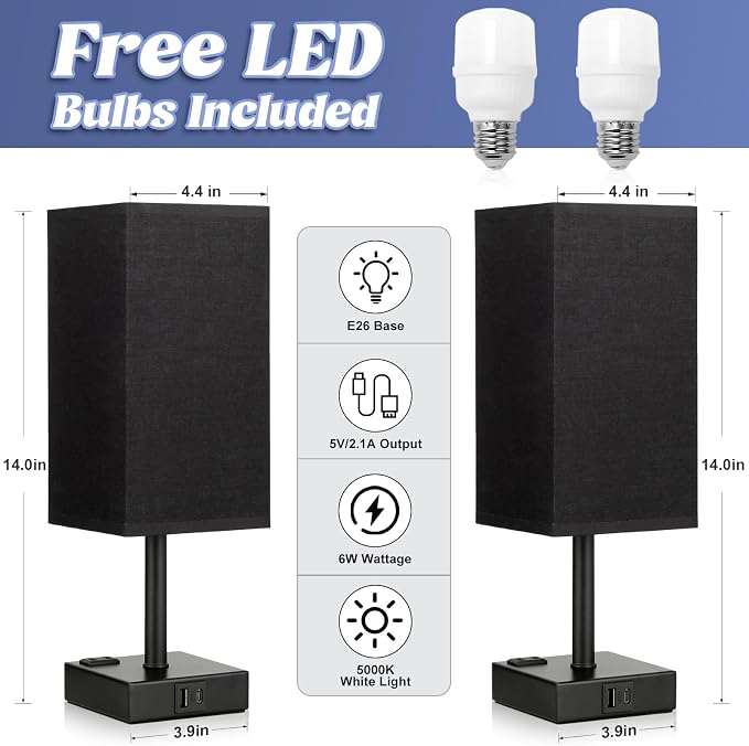 Set of 2 Black Table Lamp for Bedroom - Dimmable Touch, USB C+A, AC Outlet | 3-Way Dimming, 5000K Daylight Bulb Included, Nightstand Lamp with Square Linen Shade, Small Room Decor for Men, Boys, Desk