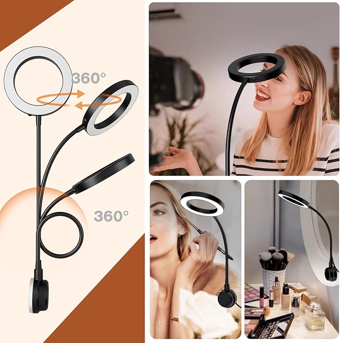 Suction Cup LED Vantiy Lights for Mirror, Flexible Gooseneck Stick on Selfie Ring Light for Makeup Vanity Table & Bathroom Mirror, 3 Color Modes & 10 Brightness, Plug in,3.54inch, Black