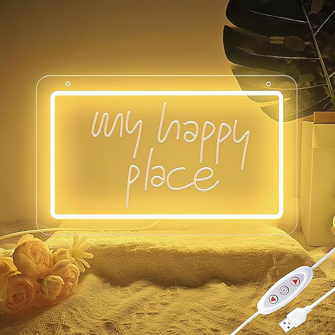 KeyDoors My Happy Place Neon Sign,Dimmable Warm White LED Neon Light for Wall Decor, USB Powered Letter Neon Signs, 3D Art Carving Design Neon Sign Light for Christmas Party Wedding Birthday Gift