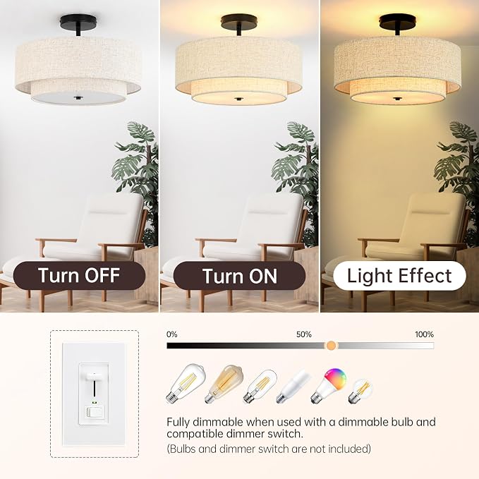 16" Semi Flush Mount Ceiling Light, 3-Light Drum Ceiling Light Fixture | 2-Tier Fabric Linen Shade Design, Farmhouse Chandelier for Dining Room, Living Room, Bedroom, Kitchen, Entryway, Black