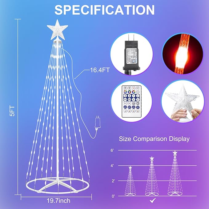 5FT 166LED Smart Christmas Tree Lights, Outdoor Christmas Cone Tree Lights with App Control, Color Changing DIY Music Sync & Timer Prelit Christmas Tree for Yard Front Porch Party Christmas Decoration
