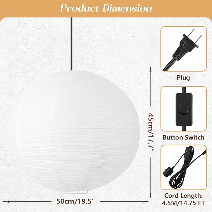Plug in Pendant Light, 19.7“ Paper Lantern with 14.5ft Cord | Hanging Lamp Plug in, Lantern Lamp for Bedroom Living Room Dining Room, No Hard Wiring Needed, E26 Bulb Base