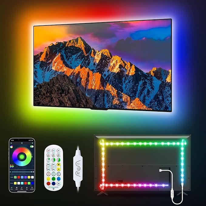 Daymeet LED Lights for TV, 9.8FT RGBICW TV LED Backlight for 32-43 inch TVs, USB Strip Lights Behind TV, Color Changing Sync with Music, Bluetooth App Controlled Led Lights for Bedroom Home Decor