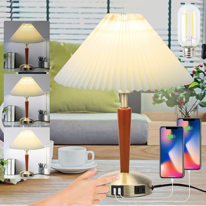 Touch Bedside Table Lamp - Modern Small Lamp for Bedroom Living Room Nightstand, Desk lamp with Fabric Lamp Shade, Warm LED Bulb, 3 Way Dimmable, Simple Design Mother's Day Gifts (Brown)