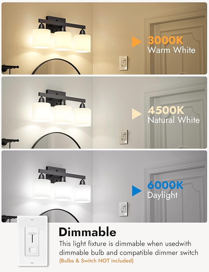 VOLISUN Matte Black Bathroom Light Fixtures, 3-Light Bathroom Vanity Lights Over Mirror, Modern Vanity Light for Bathrooms, Bathrooms Lights Fixtures Over Mirror with Milky White Frosted Glass Shades