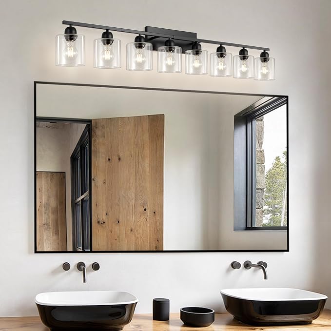 Modern 8 Light Bathroom Light Fixtures, 52 inch Vanity Lights for Bathroom with Clear Glass, Black Bathroom Light Fixture for Mirror Kitchen Living Room Hallway Cabinet Porch