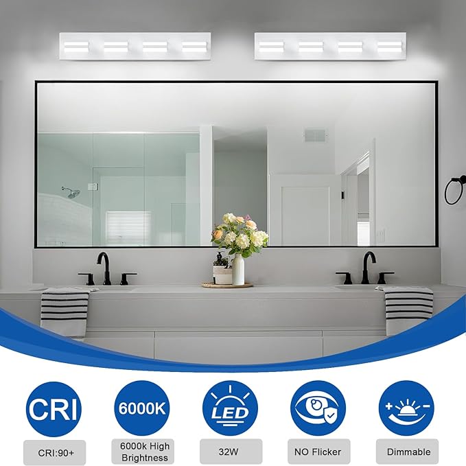 IZORRO LED Modern Bathroom Lights Fixtures(4-Light,Dimmable),Matte White Acrylic Wall Lighting,Vanity Lights for Bathroom Over Mirror - 6000k 24In （No Assembly Required）
