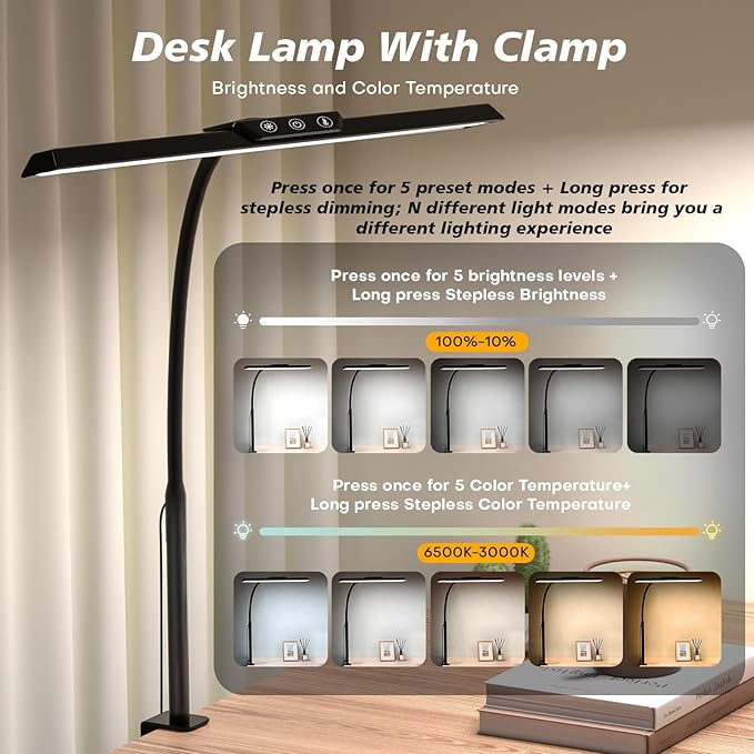 LED Desk Lamp for Office Home, Stepless Dimming Architect Desk Light with DC Adapter, Eye-Caring Desk Lamp with Clamp, 25 Lighting Modes Adjustable 12.8in Flexible Gooseneck for Workbench(Black)