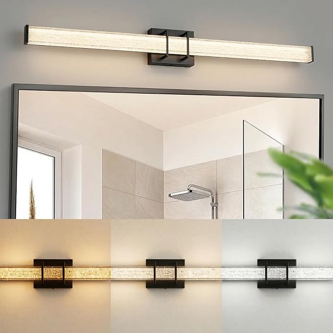 URSOLA 48" Modern LED Bathroom Light Fixtures, Matte Black 3CCT Dimmable Bathroom Vanity Light Over Mirror, Bathroom Vanity Bath Bar Lights with Crystal Acrylic Shade