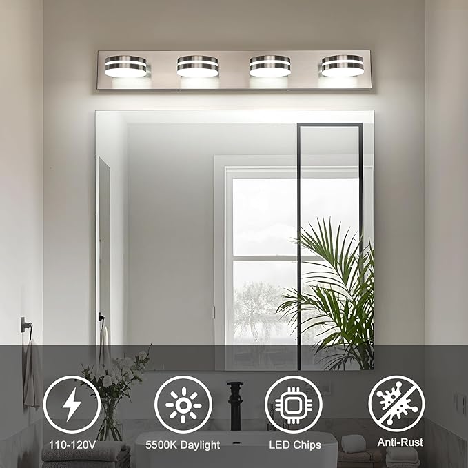 4-Light Bathroom Vanity Light, Brushed Nickel Bathroom Light Fixtures Over Mirror, LED Dimmable 5500K Bath Lighting Fixture, Modern Wall Mounted Lighting Fixture with 360°Rotating Lamp Head