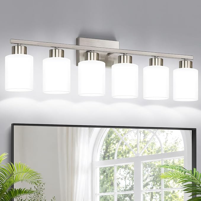 Brushed Nickel Bathroom Light Fixtures with Milk Glass Shades, Eye-Friendly 6 Light Vanity Lights for Bathroom, Vanity Lights with E26 Socket (Bulbs Not Included), for Mirror, Bedroom, Hallway