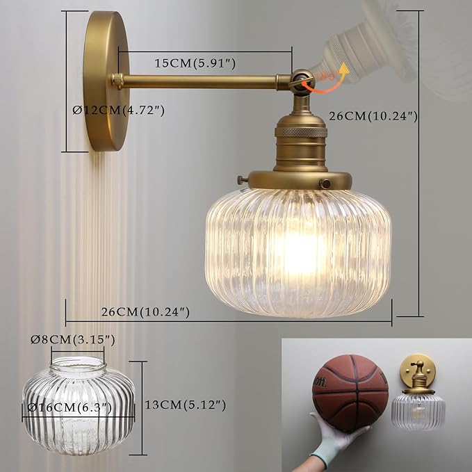 Phansthy Vintage Hardwired Sconces Wall Lighting, Bathroom Vanity Light Fixtures Antique Brass, Modern Wall Light with Clear Striped Glass Shade for Bedroom Fireplace Hallway (Antique Gold, One-Light)
