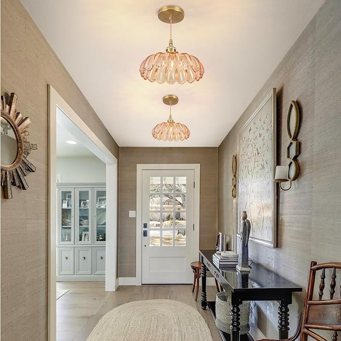 Pendant Lights Kitchen Island,Amber Glass Vintage Light Fixtures,9.8inch E26 Adjustable Hanging Light Flower Finish Ceiling Hanging Lamp for Bedroom Living Room Hallway 1 Light