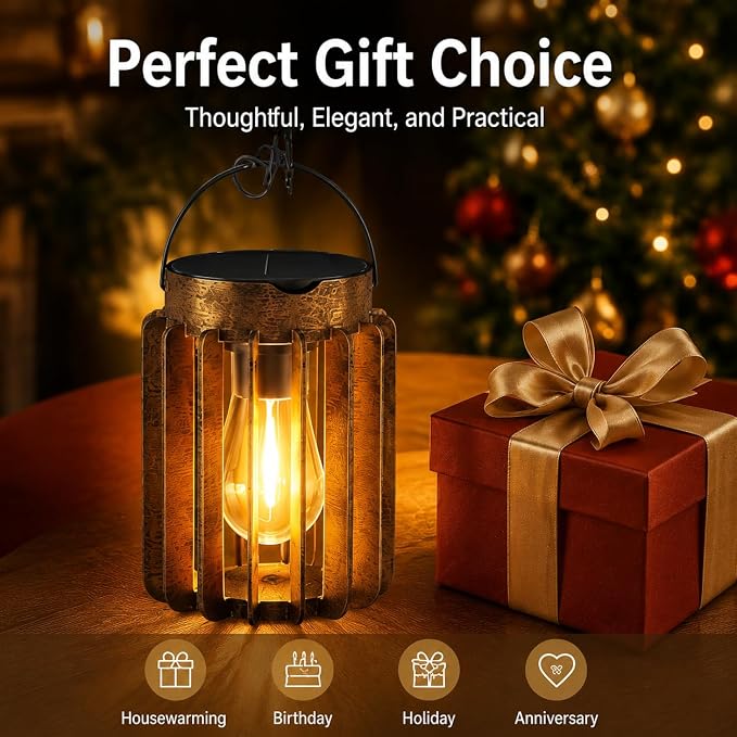 4 Pack Solar Lanterns Outdoor Waterproof, Retro Metal Hanging Lantern | 12-Hr Runtime Outdoor Solar Lantern, Auto On At Dusk, High Bright Hanging Solar Lights for Outside Garden Porch Patio Decor