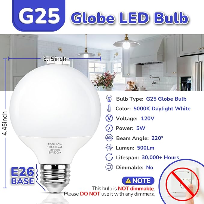 MAXvolador G25 LED Globe Light Bulbs Daylight White 5000K, Round Vanity Light Bulb 60W Equivalent, E26 Base Bathroom Mirror Light Bulbs, 500LM, Non-Dimmable, 12-Pack