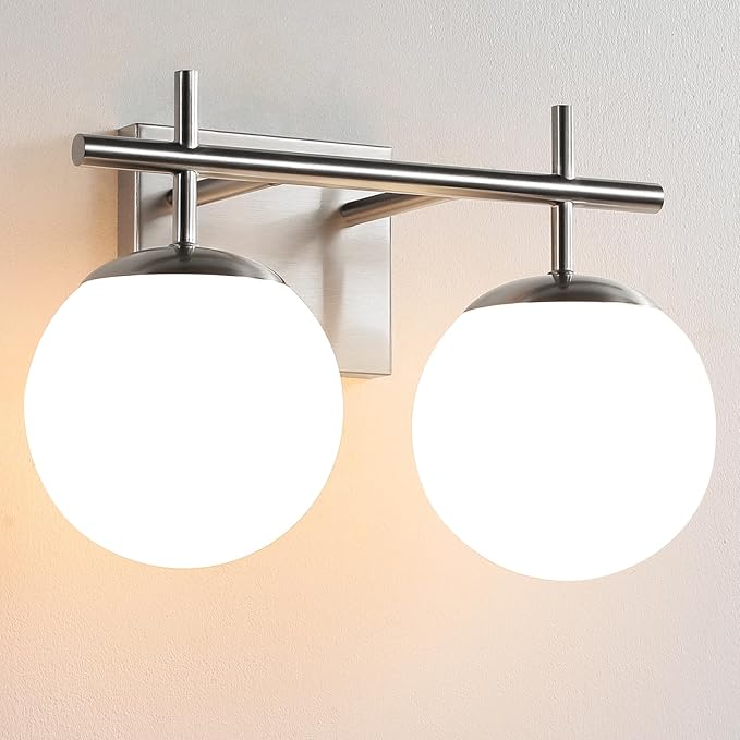 Brushed Nickel Vanity Light for Bathroom, 2-Lights Modern Vanity Lighting with Milky White Frosted Glass Shade, Bathroom Light Fixture Mid Century Wall Sconce (Exclude E26 Bulb)
