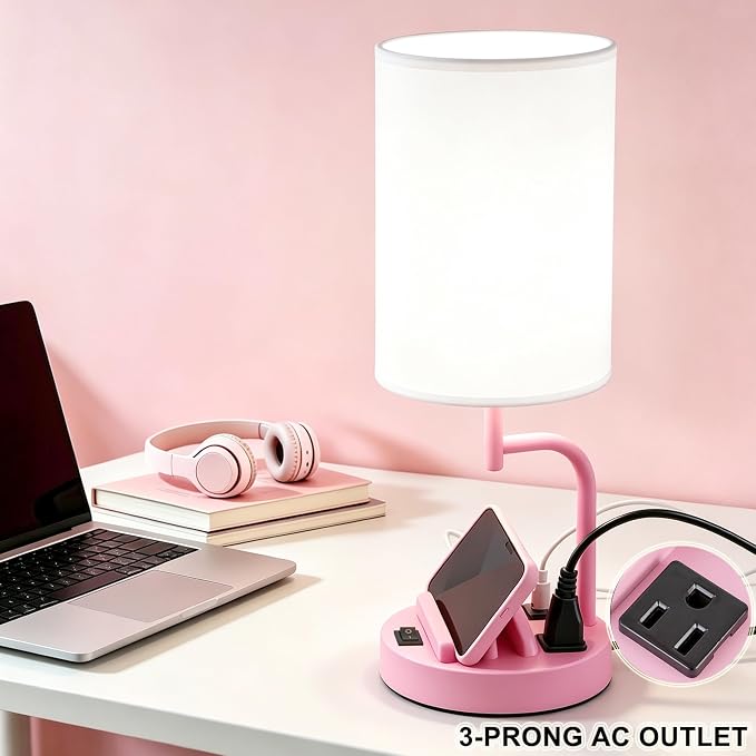 Dreamholder 2 Pack Table Lamp, Bedside Lamp with 3 USB Charging Ports & AC Outlet, USB Desk Lamp with 2 Phone Holders, Linen Fabric Shade Nightstand Lamps for Bedroom Living Room Office, Baby Pink