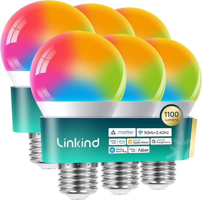 Linkind Matter Smart Light Bulbs 5GHz, Compatible with Alexa/Apple Home/Google | UltraColor 1100LM Color Changing Light Bulbs, 1000-20000K, Music Sync, Dotis AI, A19 2.4G & 5G WiFi 6 Bluetooth, 6Pack