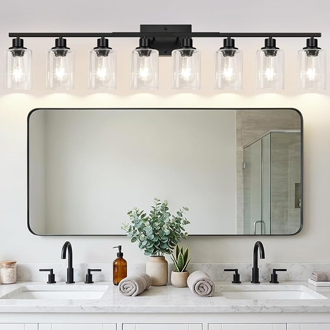 Indoi 8-Light Bathroom Light Fixtures, Matte Black Modern Vanity Lights with Clear Glass Shades, Bathroom Wall Lamp for Mirror Living Room Cabinet Bedroom Porch