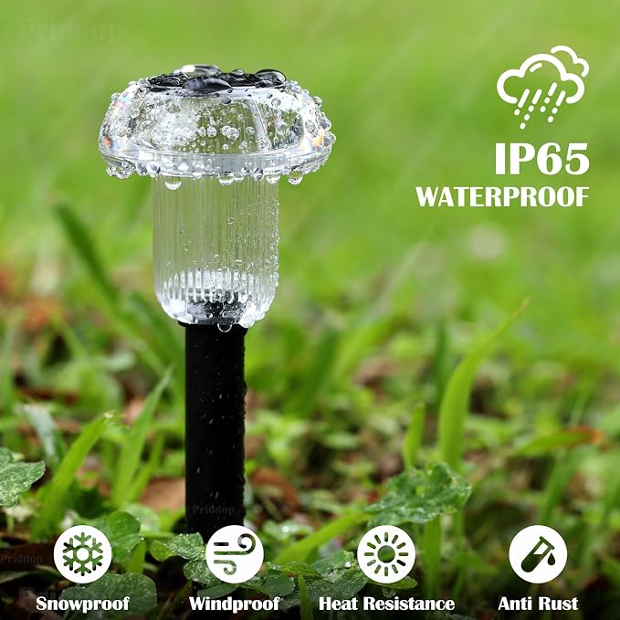 Priddop 8 Pack Solar Pathway Lights Outdoor Waterproof 6000K Cool White LED | Auto On/Off Mushroom Stake Lights for Yard Patio Lawn Driveway Walkway Garden Decor, Acrylic/ABS Landscape Path Lights