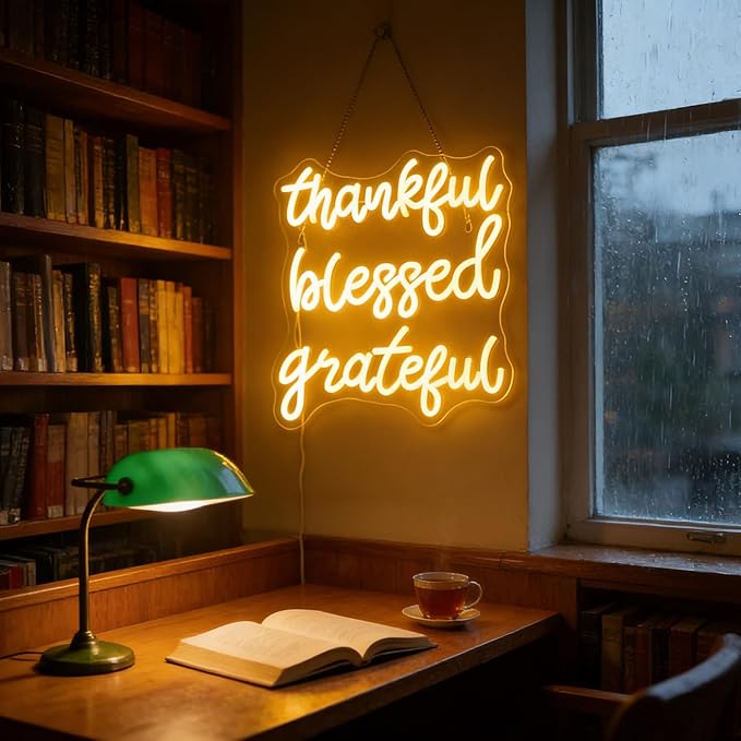 Thankful Blessed Grateful Neon Sign Led Dimmable Neon Lights for Bar Room Home Art Wall Decor Party Window Living Room Decor Christmas' Gift (Warm white)