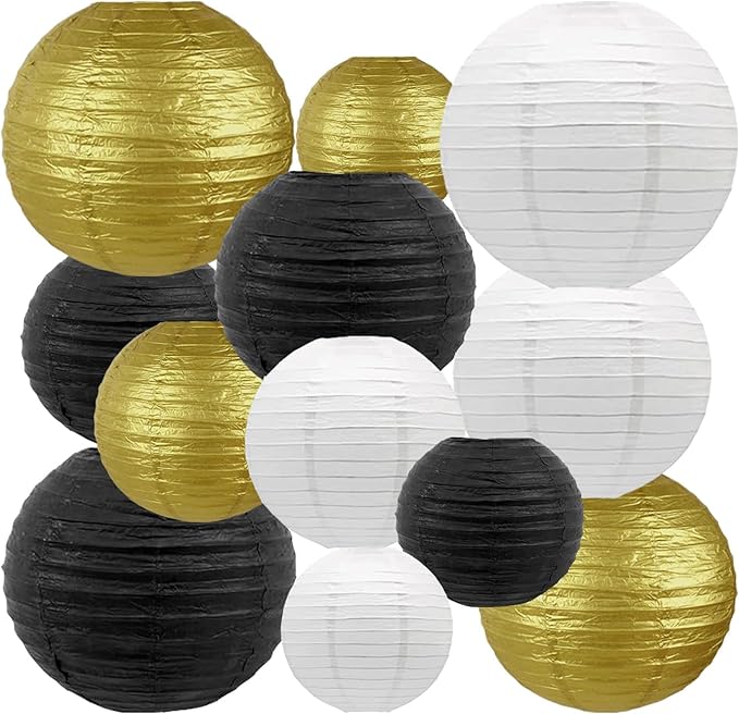Paper Lanterns Decorative, Hanging Chinese Lanterns Indoor Outdoor for Birthday, Wedding, Christmas, Bridal, Home Decor, Ceiling Decorations Black/Gold/White 12pcs(Size of 4”, 6”, 8”, 10”)