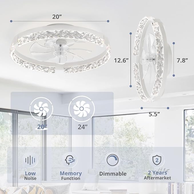 LEDIARY 2 Pack 20" Modern Ceiling Fans with Lights and Remote, White | Fandelier, Dimmable Low Profile, Flush Mount, Stepless Color Temperature Change, 6 Speeds, Bedroom, Living Room, Kitchen