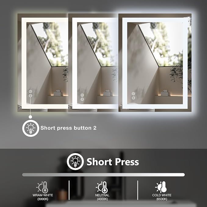 DUMOS 28.1"x36.1" LED Bathroom Mirror, Bathroom Vanity Mirror | Smart Anti-Fog, Front Light and Backlit, 3 Color Temperatures, Dimmable, Memory Function
