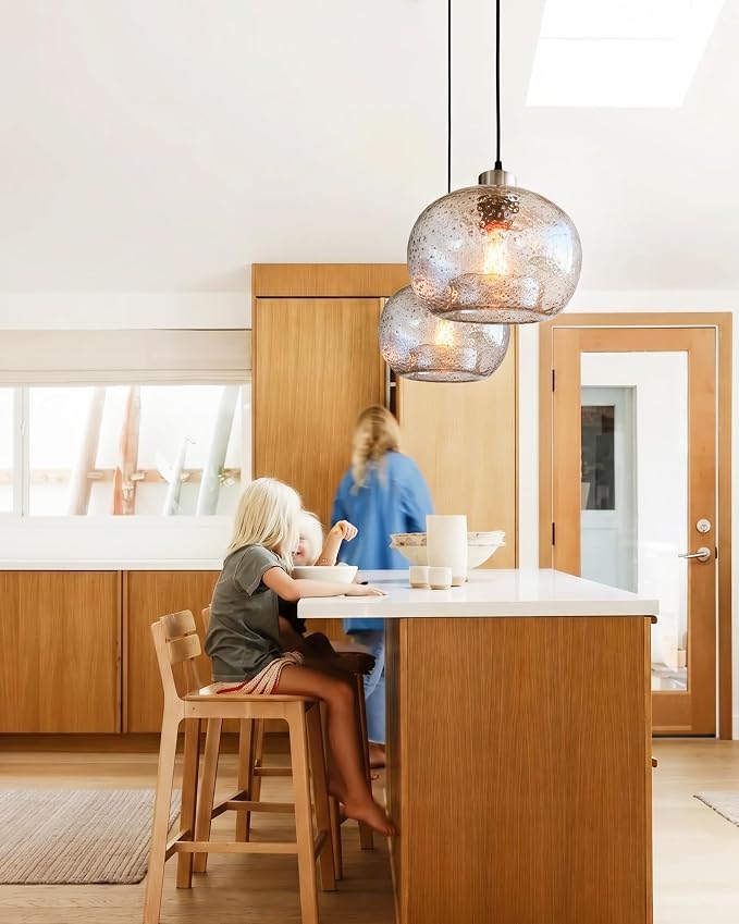 Glass Pendant Light, Clear Black Seeded, Brushed Nickel | HandBlown Ceiling Hanging Fixtures Dimmable Kitchen Island Sink Bar,Adjustable Cord,Lamp 8.7 Inch D