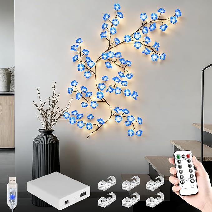 7.55FT 144LED Blue Cherry Blossom Tree Branch Lights for Wall, Battery Box | Cherry Enchanted Willow Vine Lights with Remote Timer,8 Light Model,Bedroom Wall Wedding, Christmas,USB Battery Box