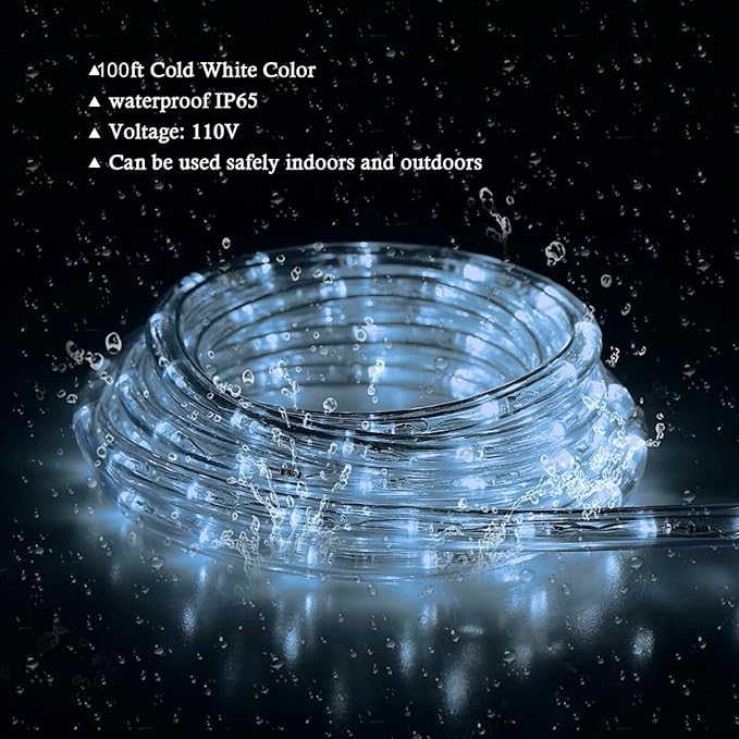 LED Rope Lights, 100ft 110V Waterproof Rope Lights for Outside, Outdoor String Lights, Ideal for Eaves, Backyards Garden, Christmas Decoration(White)